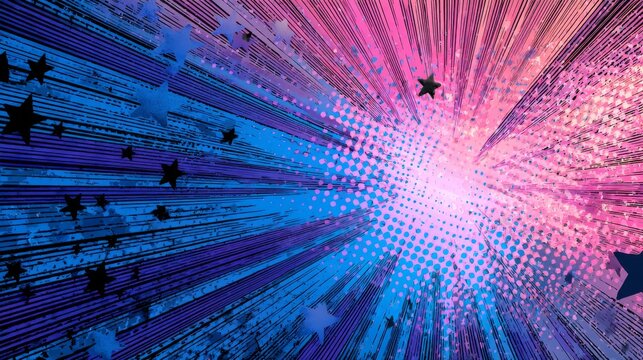 Pink and blue streaked background with intense light flares, dotted halftone shading, shining stars scattered, comic art styling