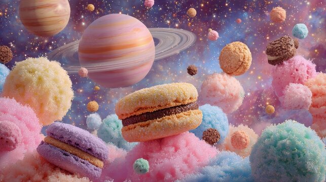 Fantasy galaxy with colorful planets made of cotton candy, chocolate cookies, jelly domes, and pastel macarons floating in starry space