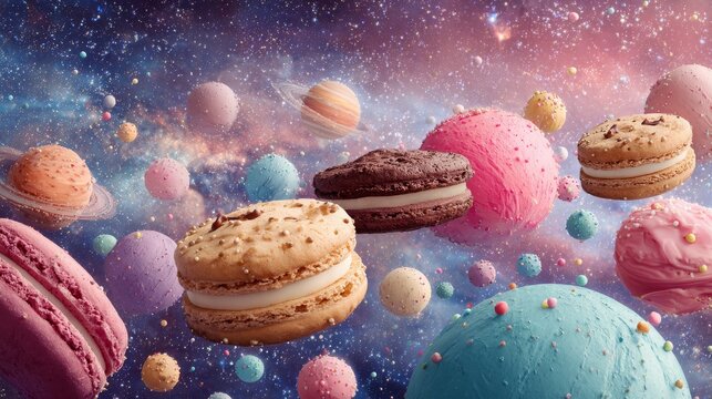 Fantasy galaxy with colorful planets made of cotton candy, chocolate cookies, jelly domes, and pastel macarons floating in starry space