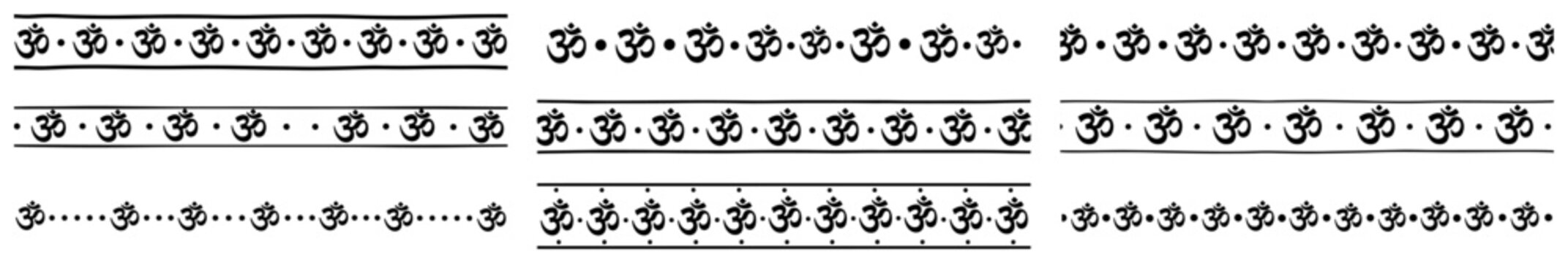 Om symbol borders with spiritual and religious decorative patterns