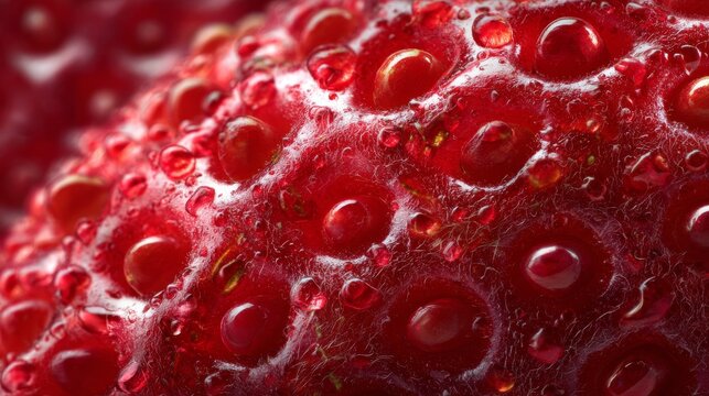 Ultra-macro view of a ripe red strawberry with glossy seeds and detailed surface dimples