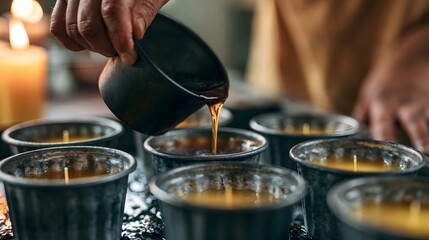 Obraz premium A hand pours melted wax into small metal candle molds arranged on a dark surface under warm ambient lighting
