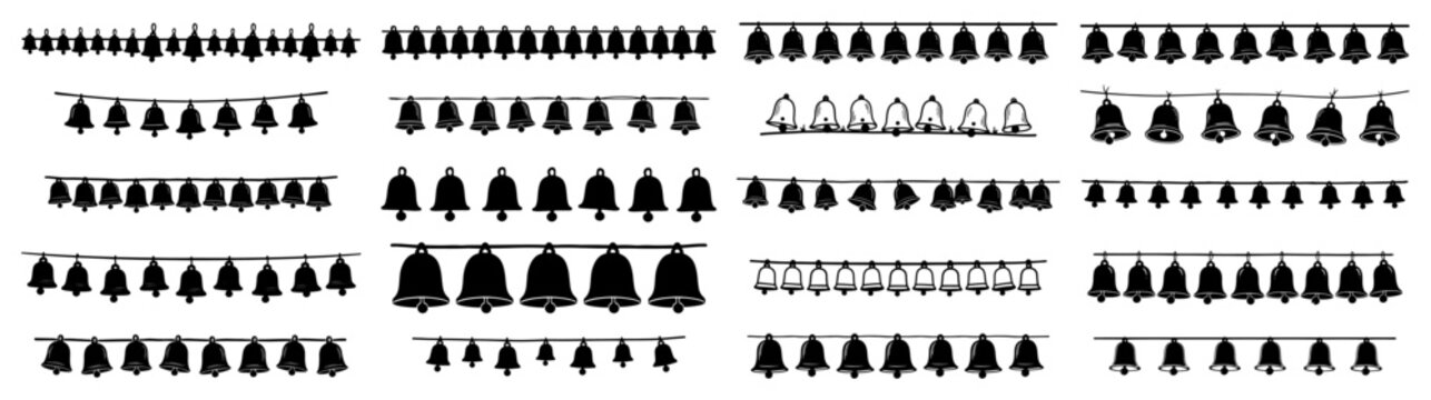 Temple bells hanging garland border set designed in black silhouette style