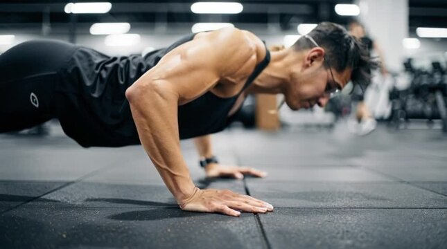 Muscular young man performing push ups exercise in a modern gym.