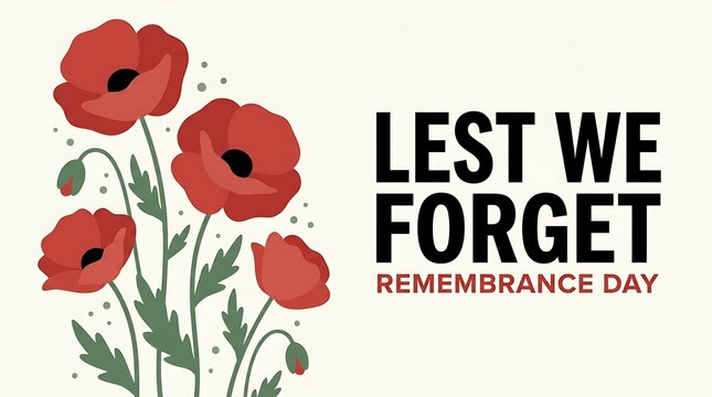 Vibrant red poppy flowers with green stems and leaves, Lest We Forget Remembrance Day poster design