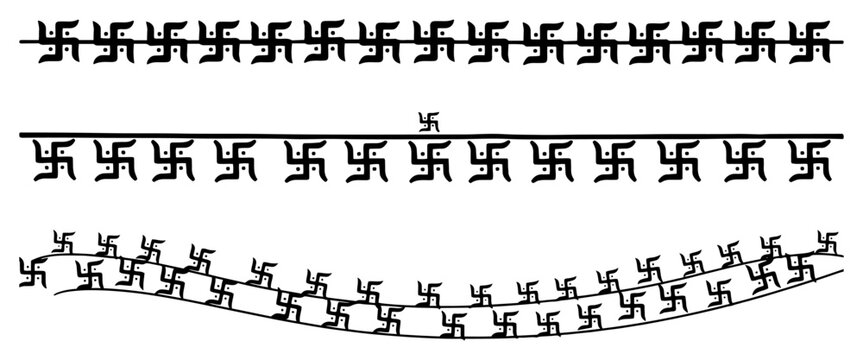 Swastika religious symbols and sacred hindu decorative borders in hand drawn ethnic style