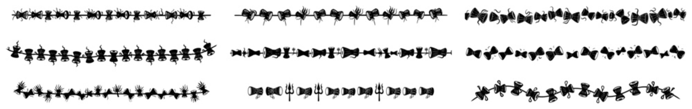 Lord Shiva symbols with damru drums and trishula tridents for religious borders in hand drawn style