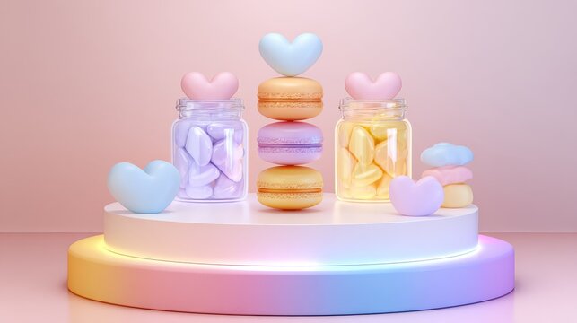 glossy candy podium with rainbow gradient, stacked macarons, heart-shaped lollipops, and glowing candy jars, clean minimal vector design