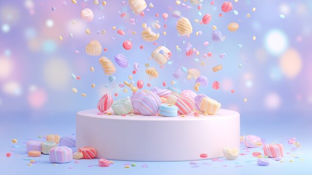round pastel pedestal decorated with colorful sweets, playful candy confetti falling, dreamy light background, vector flat style