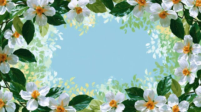 Soft light blue background framed by delicate white and orange apple blossoms, realistic five-petal flowers with orange yellow centers, deep and light green leaves weaving along outer border, inner ar