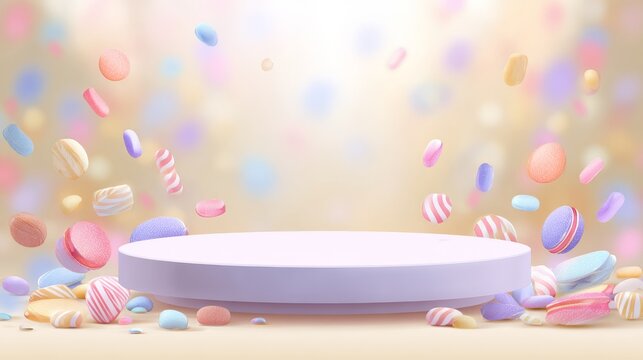 round pastel pedestal decorated with colorful sweets, playful candy confetti falling, dreamy light background, vector flat style