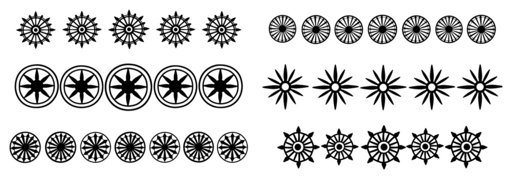 Decorative chakra wheels and sunburst mandala symbols set in line art style