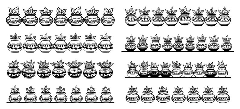 Kalash sacred pots with mango leaves and coconut arranged in horizontal religious borders