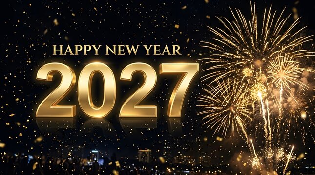 Spectacular happy new year 2027 celebration with golden fireworks and city skyline background