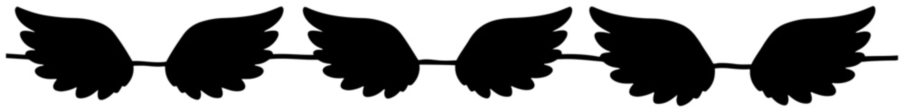 Large wing silhouettes and bird feather shapes arranged on decorative horizontal borders