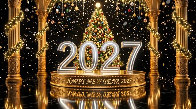 Festive happy new year 2027 celebration golden decorations christmas tree and sparkling confetti background