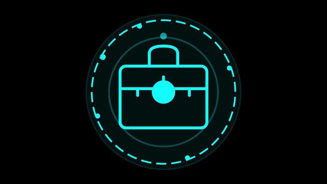 A glowing cyan digital briefcase icon enclosed in a circular tech interface design perfect for modern corporate or business technology user interface applications