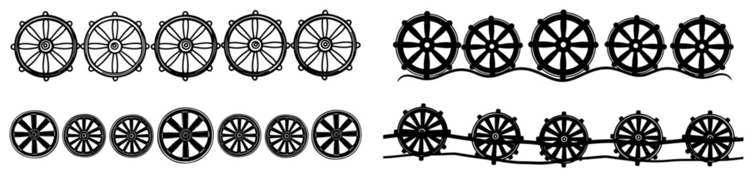 Dharma wheel horizontal borders with Buddhist spiritual symbols for decorative patterns