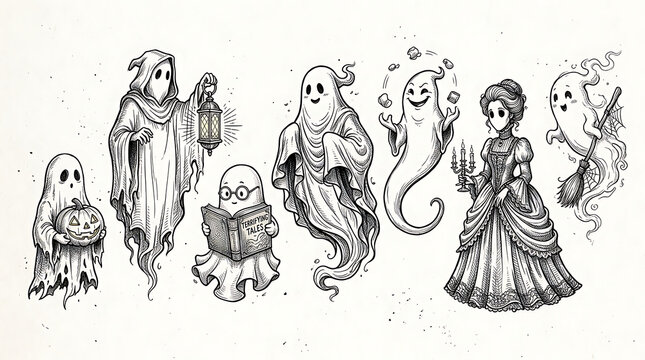 Hand drawn ink sketch illustration of various halloween ghosts with halloween