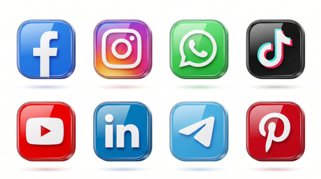Social media 3d icons set featuring Facebook Instagram WhatsApp TikTok YouTube LinkedIn Telegram and Pinterest logos. Glossy square glass button app interface icons for web marketing and branding.