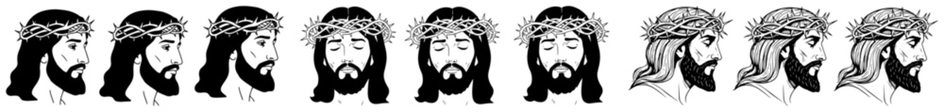 Jesus Christ portraits with crown of thorns for religious passion of christ borders in sketch and silhouette style