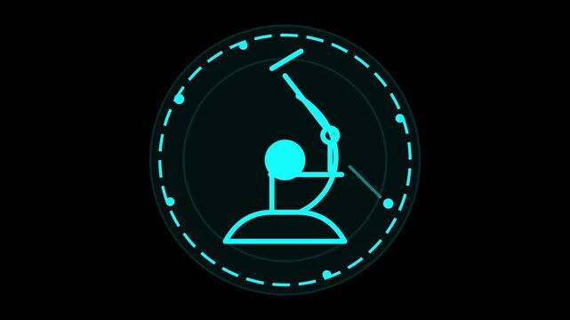 Futuristic digital display of a glowing scientific microscope icon, symbolizing advanced research, biotechnology, and precision analysis within a high-tech interface for innovation and discovery