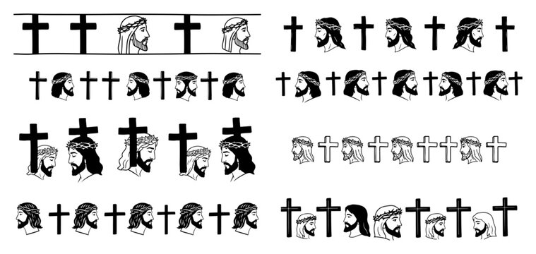 Jesus Christ head profile and Christian cross borders set in black silhouette style