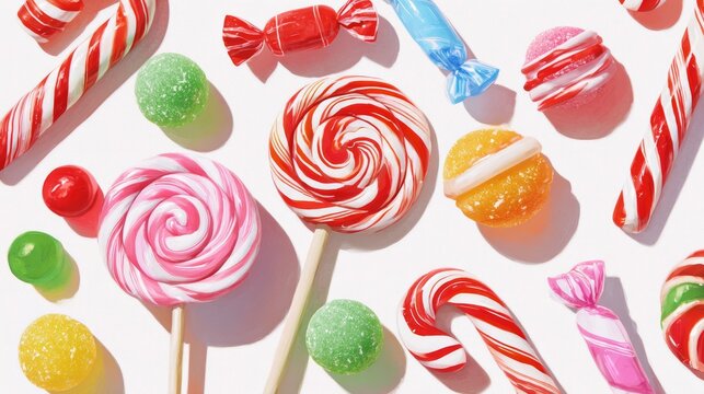 Vibrant top-down illustration of assorted candies including candy canes, lollipops, wrapped sweets, and gumdrops on a clean white background