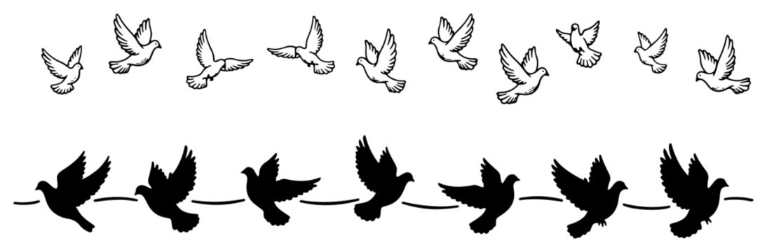Peace dove birds flying in rows as spiritual border patterns for christian designs