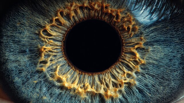 Ultra-detailed macro of a human eye with luminous iris patterns radiating from a deep black pupil