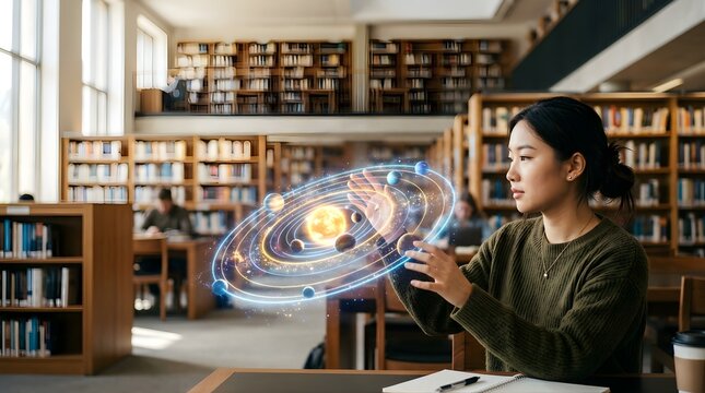 Asian student studying solar system holographic projection in library