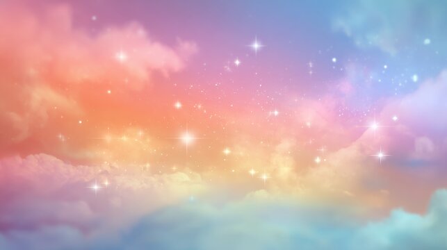 Soft pastel rainbow gradient sky with glowing sparkles, whimsical stars, and dreamy bokeh overlay