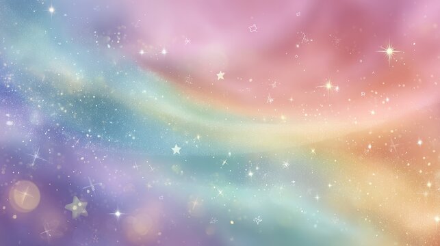 Soft pastel rainbow gradient sky with glowing sparkles, whimsical stars, and dreamy bokeh overlay