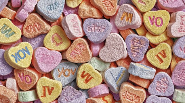 Repeating pattern of colorful pastel candy hearts with embossed romantic words like love and kiss