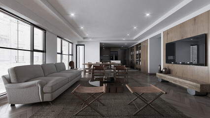 The house and living and luxury modern living room and cozy furniture decor and dining room area. 3d render © teeraphan