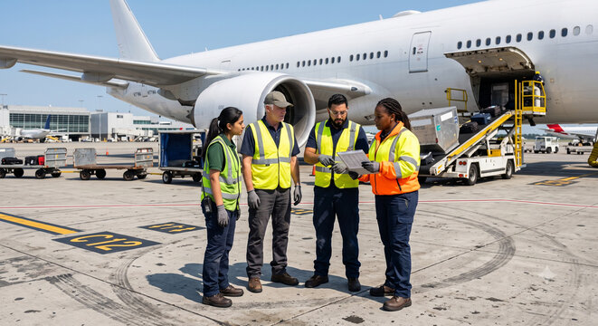 Diverse airport ground crew discussing logistics on sunny tarmac.