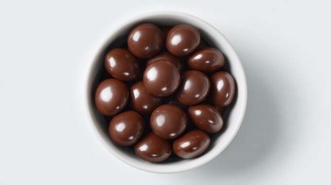Crisp overhead image of chocolate button sweets with shiny coating inside simple white ceramic container against seamless white background