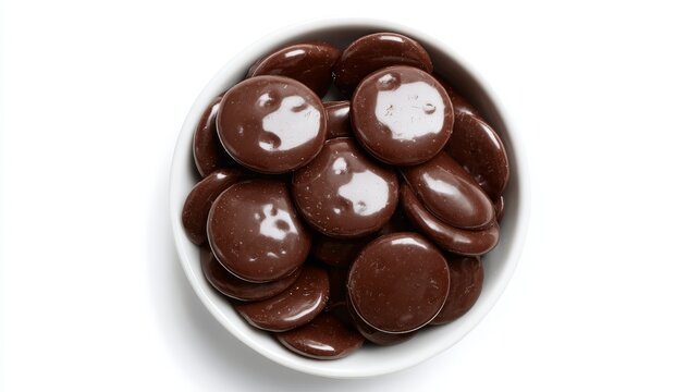 Crisp overhead image of chocolate button sweets with shiny coating inside simple white ceramic container against seamless white background