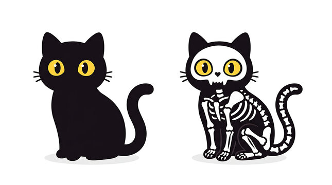 Cartoon black cat and x-ray skeleton cat pair design with skeleton, halloween