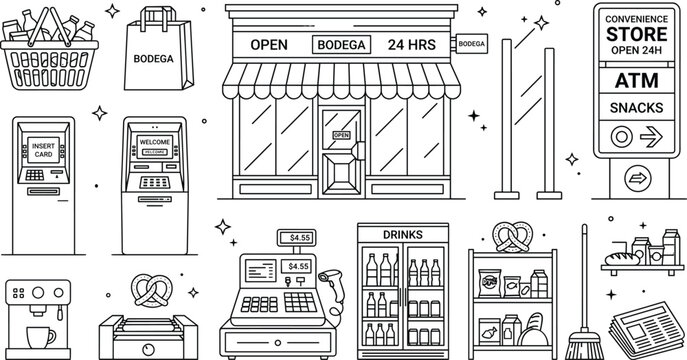 Convenience Store and Bodega Line Art Icon Set with ATM, Cash Register, Vector