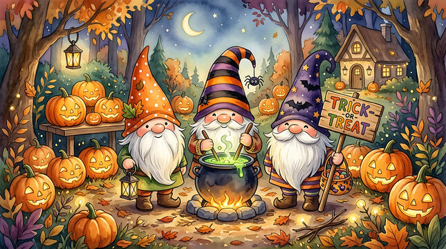 Three garden gnomes preparing a magical halloween potion in the woods