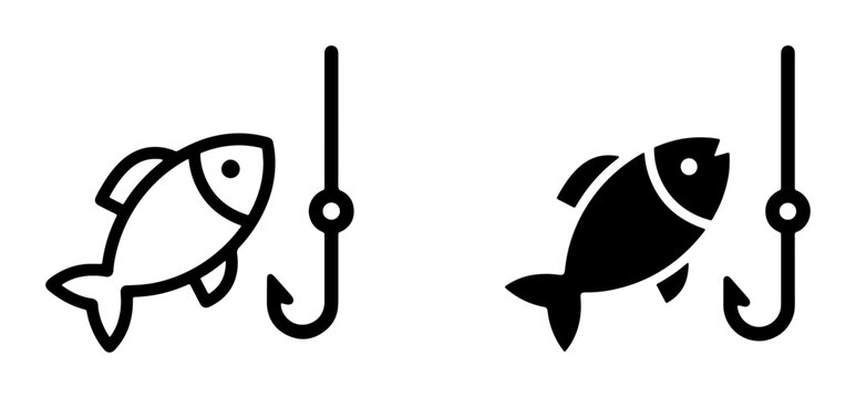 Fishing Icons, Fish Hook and Bait Vector Set, Outline and Solid Styles, Representing Catching Seafood and Aquatic Life