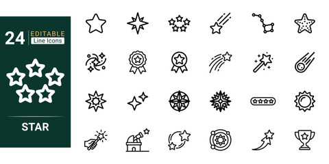 Star and Achievement outline icon set. Featuring shooting star, award badge, constellation, rating, magic wand, and trophy symbols. Vector illustration for awards and ranking use. © PROTIK CHANDRA DEB