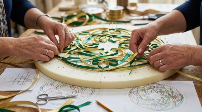 Close up view of designer hands attaching complex patterns onto a custom geometric embroidery mould block close up