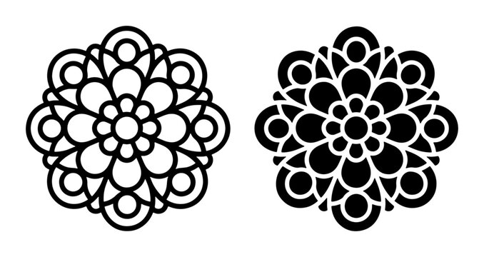 Geometric Floral Mandala Vector Icons, Intricate Decorative Ornament Design, Black and White Circular Patterns for Art and Craft Projects