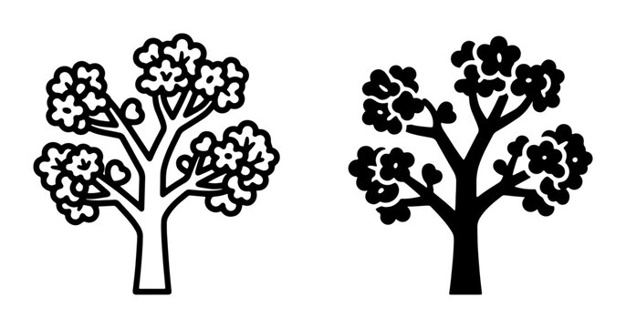 Stylized Tree Icons, Blooming Blossom Branches, Simple Outline and Silhouette Vector Graphics, Nature and Spring Elements