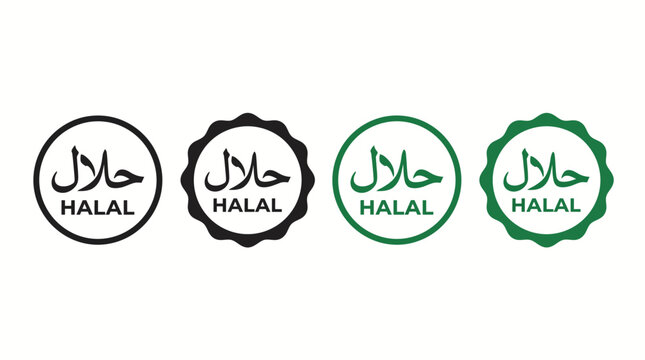 Black and Green Halal Certification Logos Collection Featuring Arabic English Text Circle Scalloped Border Islamic Dietary Compliance Symbol Vector Design
