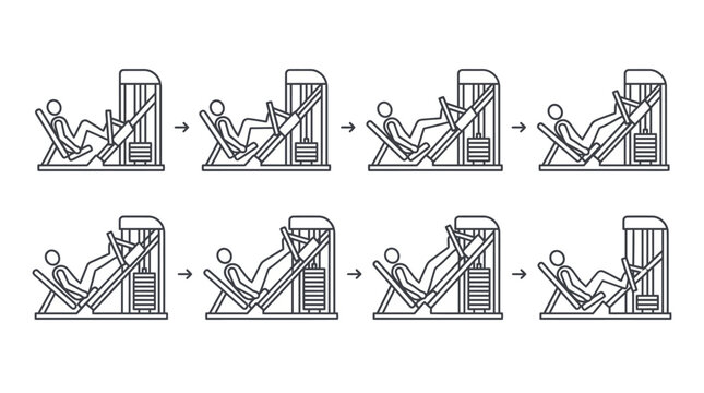 Black and White Leg Press Exercise Sequence Icons Collection Featuring Movement Stages Lower Body Strength Training Fitness Workout Vector Design
