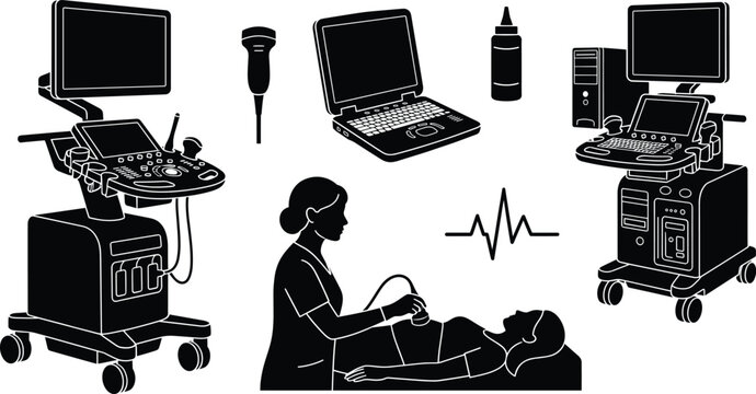 Medical Ultrasound Machine Icon Set with Patient Examination Elements for Diagnostic Vector Designs