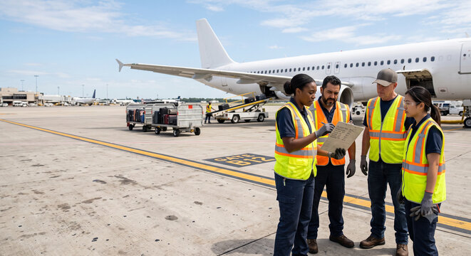 Diverse airport ground crew discussing logistics on sunny tarmac.
